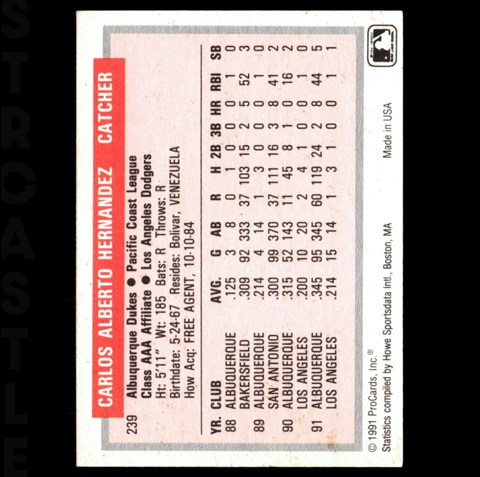 Carlos Hernandez 1991 ProCards Tomorrow's Heroes #239 Los Angeles ⚾Baseball RC - Image 2 of 3