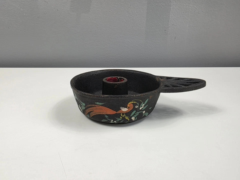 Cast Iron Candlestick Holder With Painted Bird Decoration - Some Wear - 15 cm - Image 2 of 4