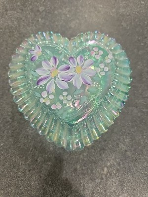 Fenton  Floral Heart Shaped Trinket Box Hand Painted & Signed 