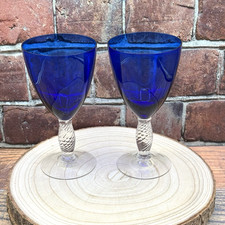 VTG Cobalt Blue Water Wine Crystal Glasses Goblets w/ Twist Clear Stems Set of 2