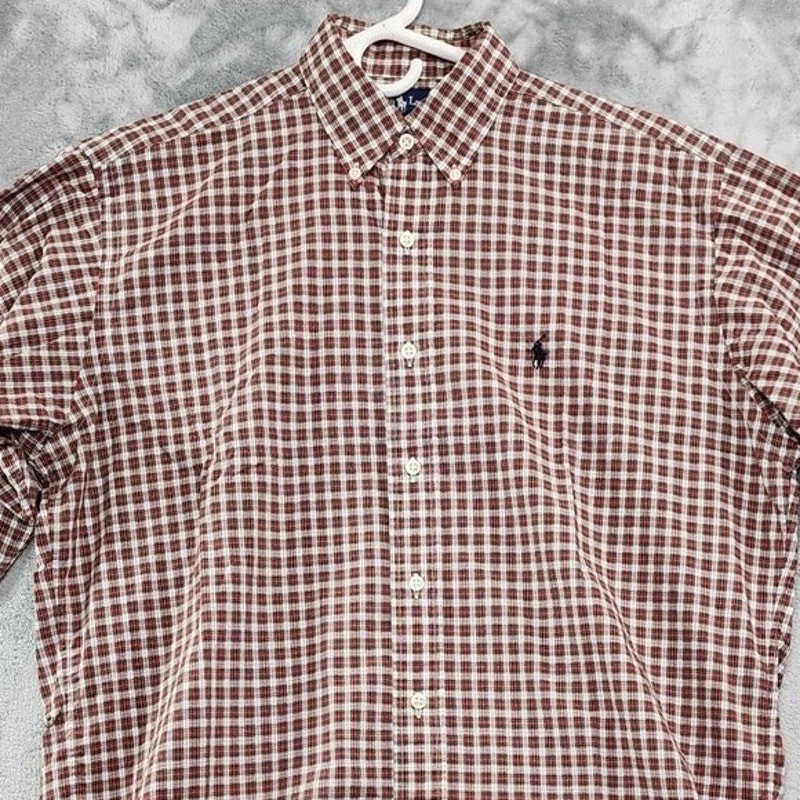 Camisa masculina vintage Ralph Lauren xadrez verde vermelha Blake algodão mangas compridas - Imagem 2 de 4