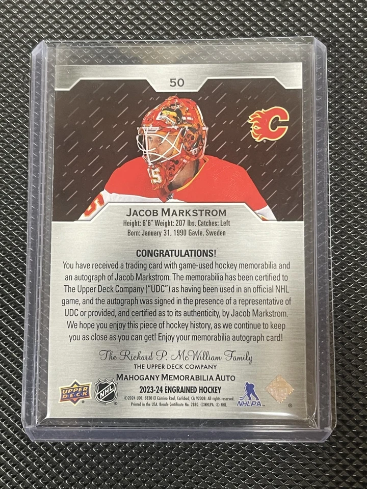 Jacob Markstrom - 2023-24 Upper Deck Engrained Mahogany Patch Auto /25 - Flames - Image 2 of 2