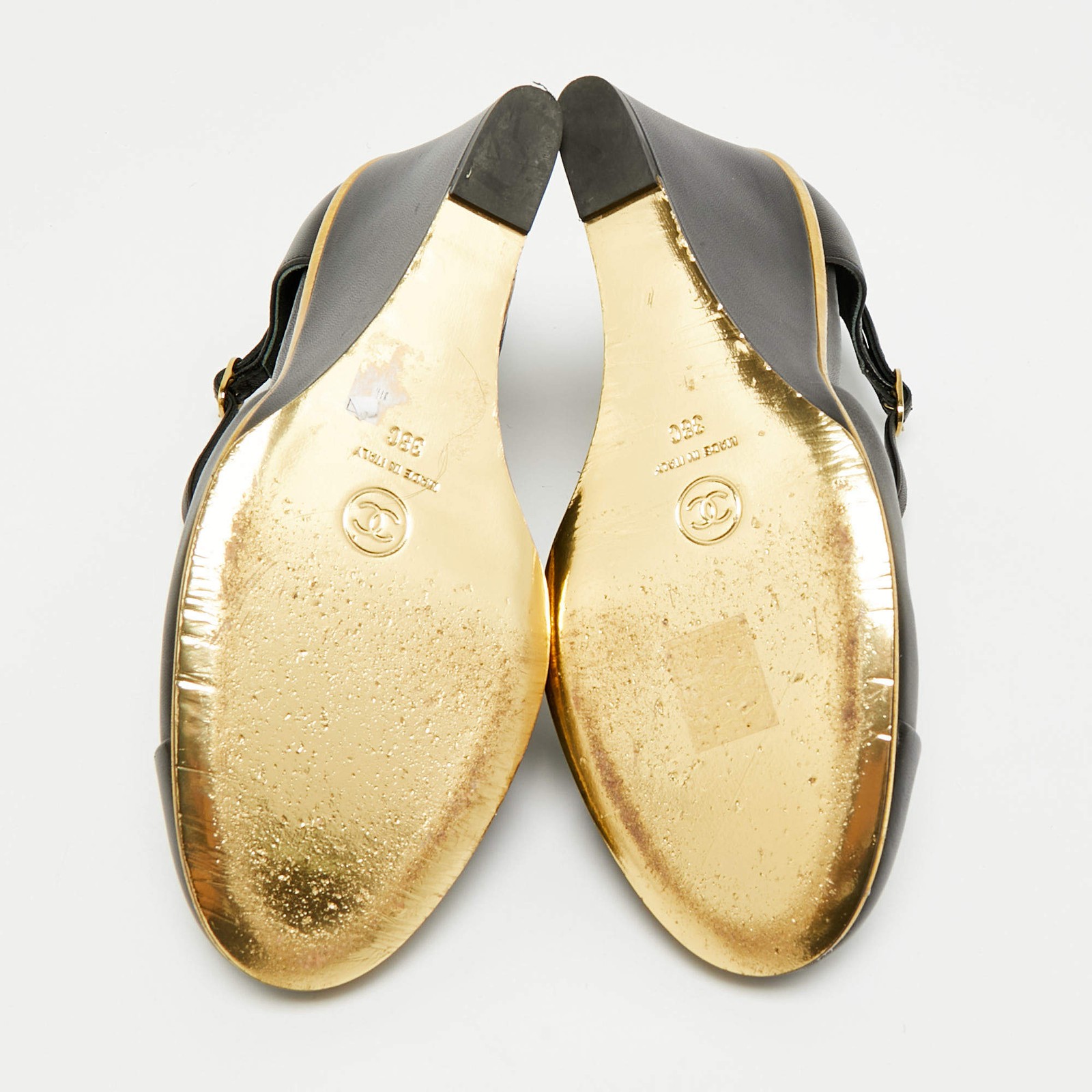 Chanel CC Size 38 Black Leather Wedge Pumps thumbnail 7