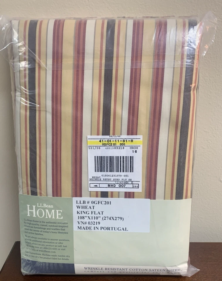 Sábana plana vintage NOS LL algodón frijol satén trigo rayas tamaño king Foto 2 de 4