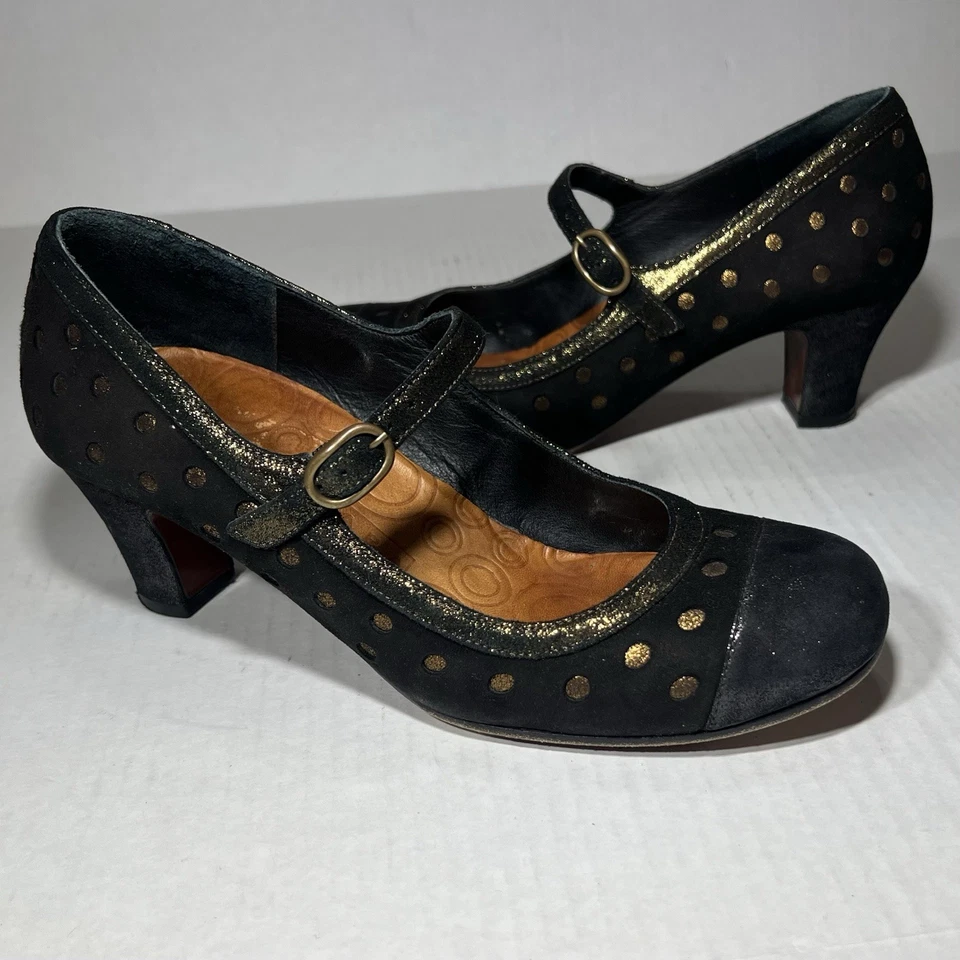 Tacones Mary Jane Chie Mihara para mujer 37,5/EE. UU. 7,5 gamuza azul marino dorado a lunares Foto 2 de 4