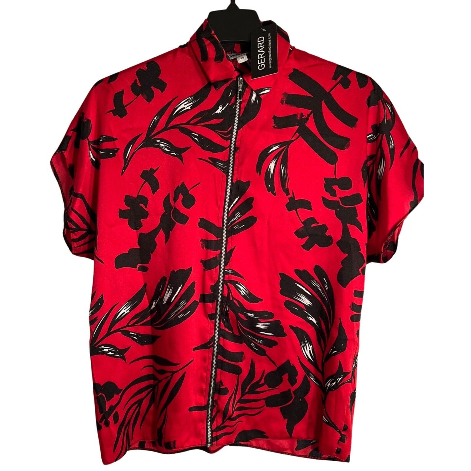 Gerard Womens Oversized Red Black Full Zip Top Size 10 Short Sleeve