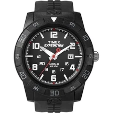 Timex T49831, Men's "Expedition" Black Resin Watch, Indiglo, Date, 50 Meter, NEW
