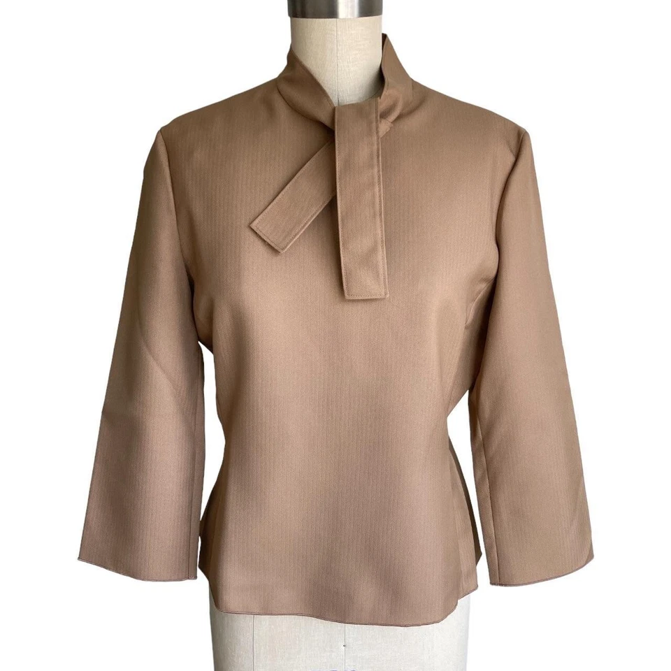 Blusa vintage miu miu f/w2000 beige camel bronceado lazo cuello corbata Foto 3 de 4