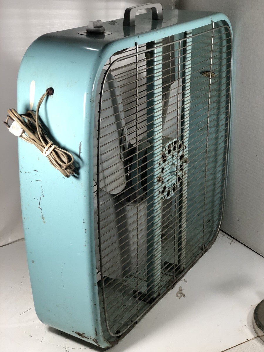 Vintage Dominion 2 Speed Metal Box Fan With Orig Aqua/ Turquoise