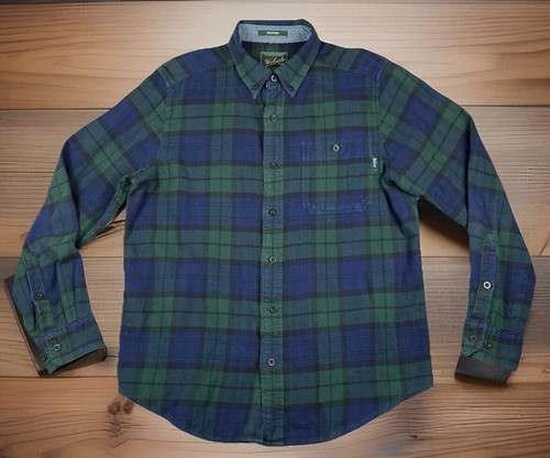 Woolrich Button Down Shirt Men L Blue Tartan Plaid Trout Run Flannel Long Sleeve