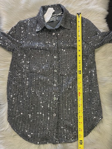 NWT Anthropologie Collared Sequin Buttondown Shirt Gray - Size XXS $130 - Picture 8 of 11
