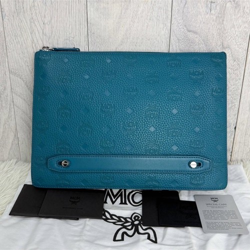 MCM Logo All-over Pattern Leather Blue Clutch Bag with Storage Women's Used - Picture 6 of 7
