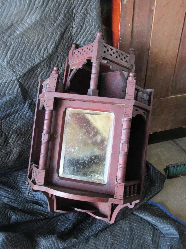 Antique Victorian Eastlake Aesthetic Hanging Mahogany Corner Cupboard Cabinet - Image 2 of 4