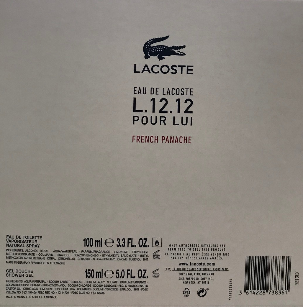 Lacoste Men's L12.12 Pour Lui French Panache Set 100ml EDT and 150ml Shower  GEL for sale online | eBay
