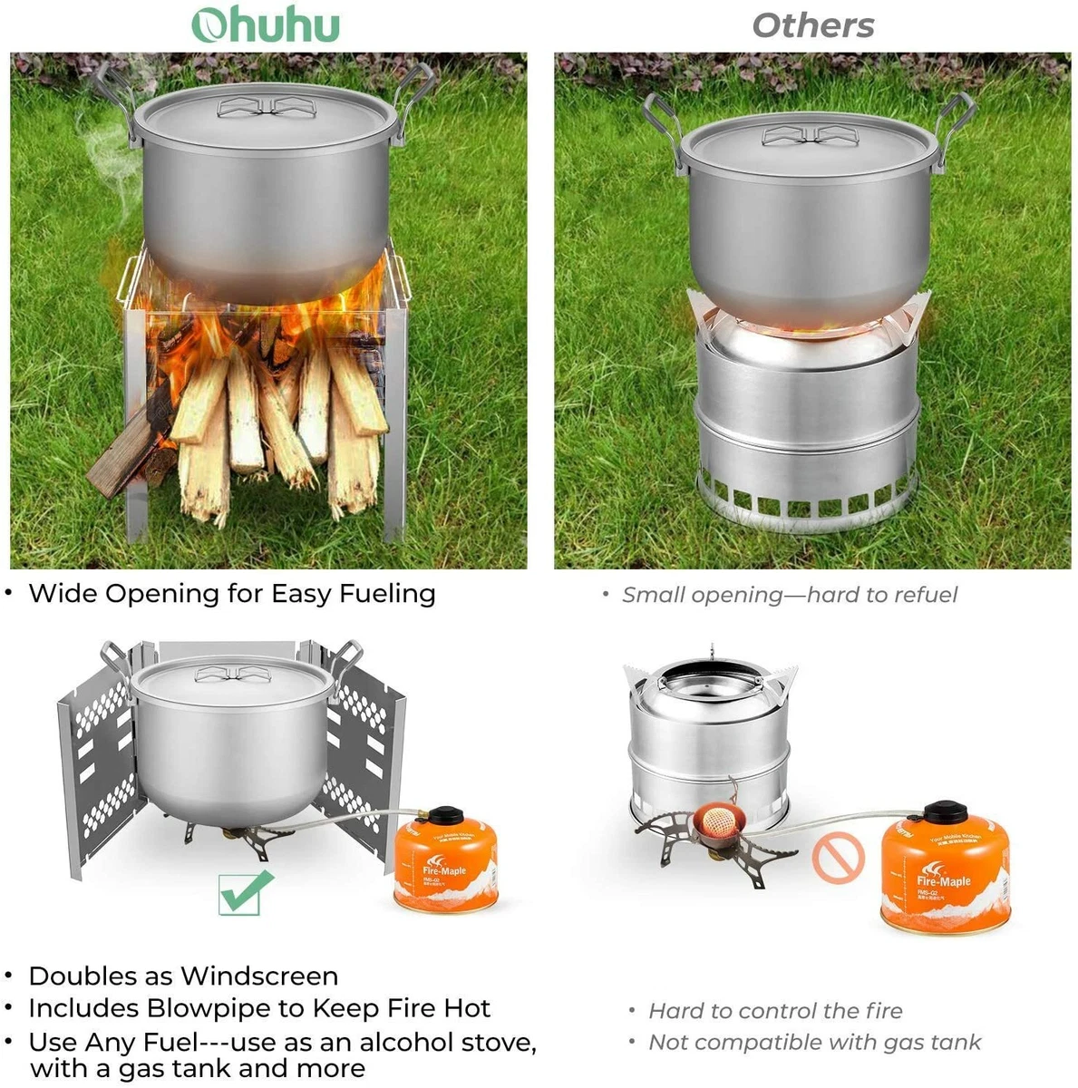 Ohuhu Wood Burning Camp Stoves, Portable Folding Stainless Steel with Carry  Bag | eBay