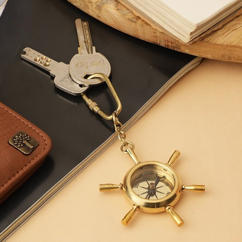 Nautical Antique Brass Vintage Solid Shipwheel Car Keychain Compass Showpiece - Picture 1 of 4