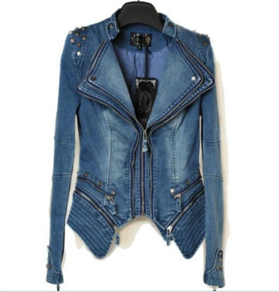 Elegante Abrigo Chaqueta Denim Para Mujer Punk Spike Tachonado Hombro Vintage Talla S-XXL  Foto 4 de 4
