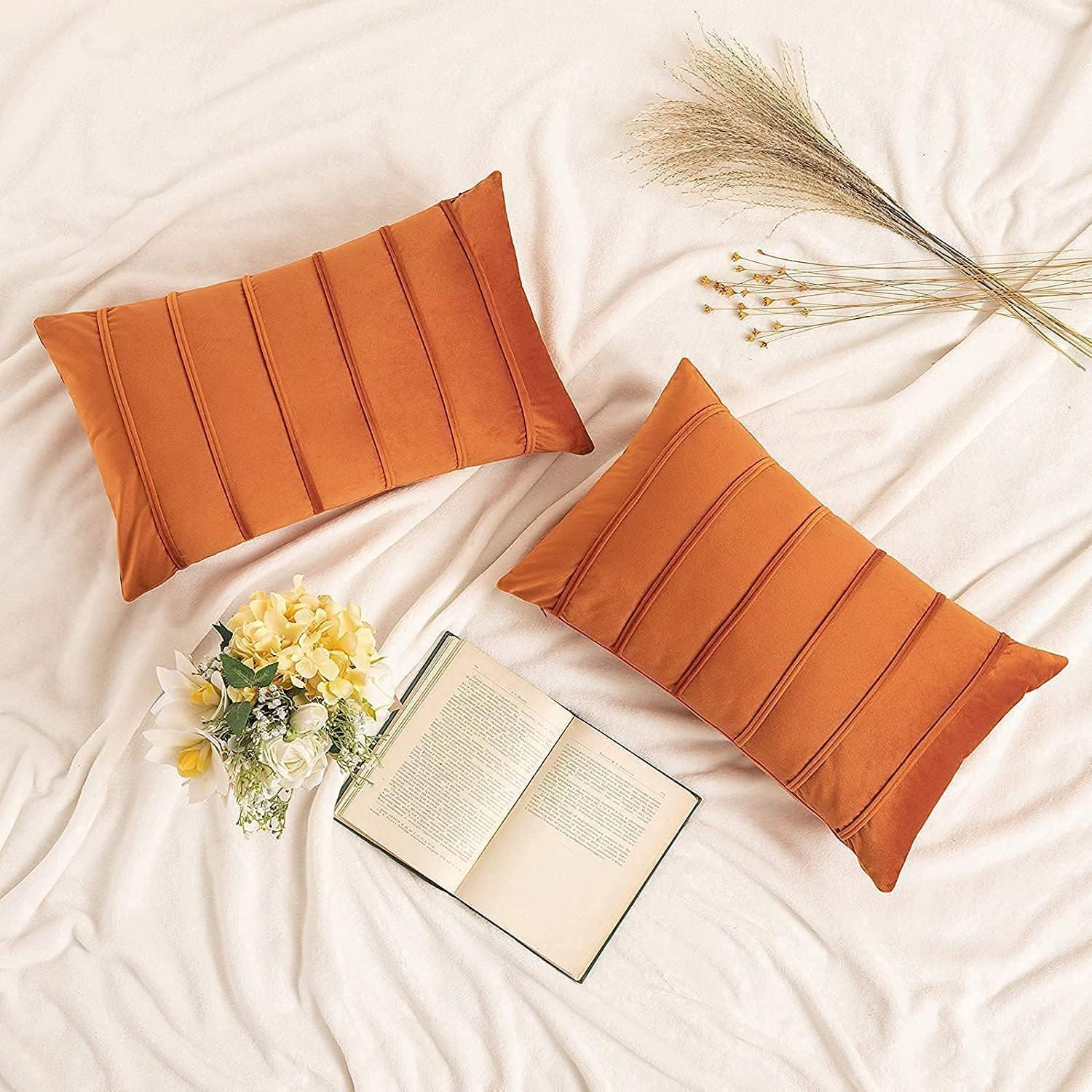 Decorative Velvet Fall Throw Pillow Covers Soft Solid Pillowcases Striped Lumbar