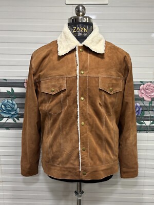 Men Shearling Faux Fur Lined Real Suede Leather Trucker Jacket