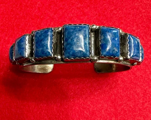 Navajo Silversmith Tom Lewis Sterling Silver & Lapis Lazuli Heavy Cuff Bracelet