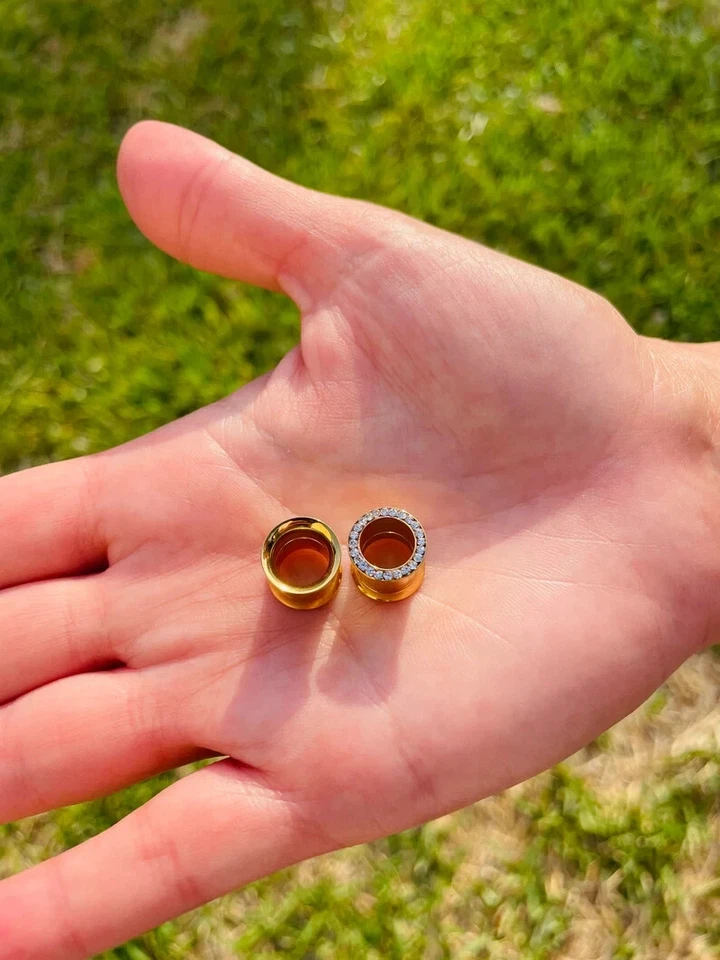 Tampões de orelha de ouro maciço 14k duplo alargado medidores túneis de carne com diamante genuíno - Imagem 3 de 4