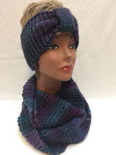 Infinity Scarf & Headband Set Jewel Tones Purple and Blue