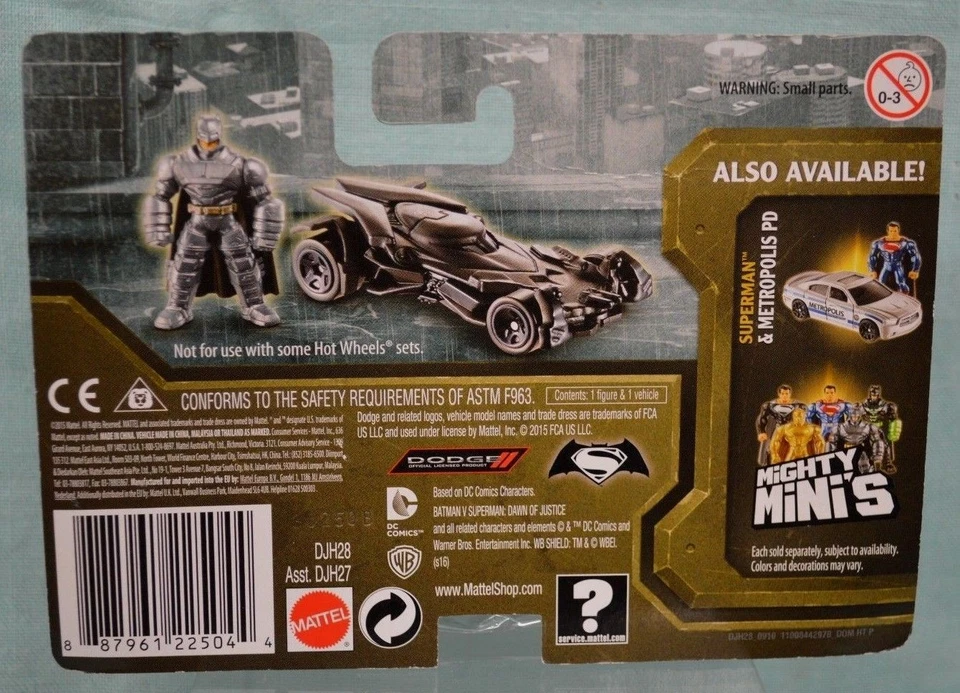 NW Batman & Batmobile HOT Wheels Mattel 4+ Figure & Vehicle 2015 v Superman MINI - Image 2 of 2
