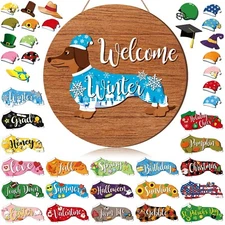 20 Pcs Winter Interchangeable Dachshund Sign for Front Door Wooden Welcome Do...