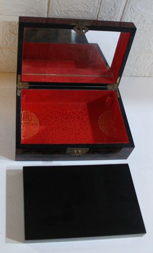 Elegant Asian Gloss Black & Red Lacquered Jewellery Ring Box Velvet Inner Shelf - Picture 14 of 17