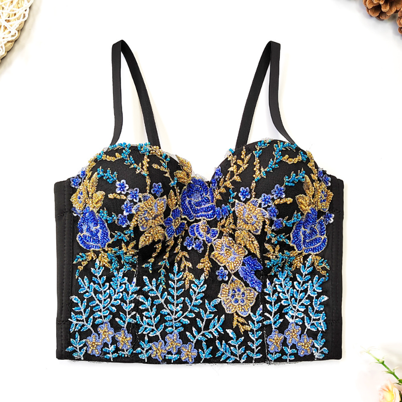 Women Flower Corset Bustier Crop Top Party Embroidered Beaded Push