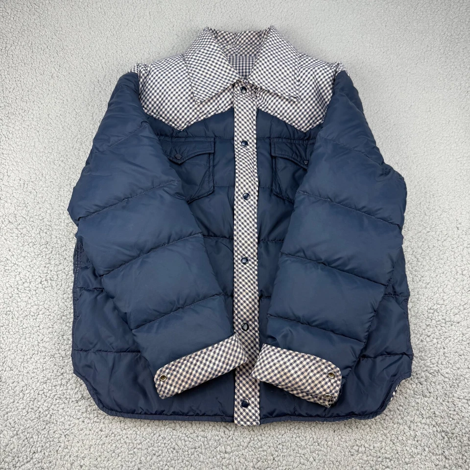 Jaqueta Masculina Vintage Woolrich Puffer Azul Médio Snap Western Flip Cuff - Imagem 3 de 4