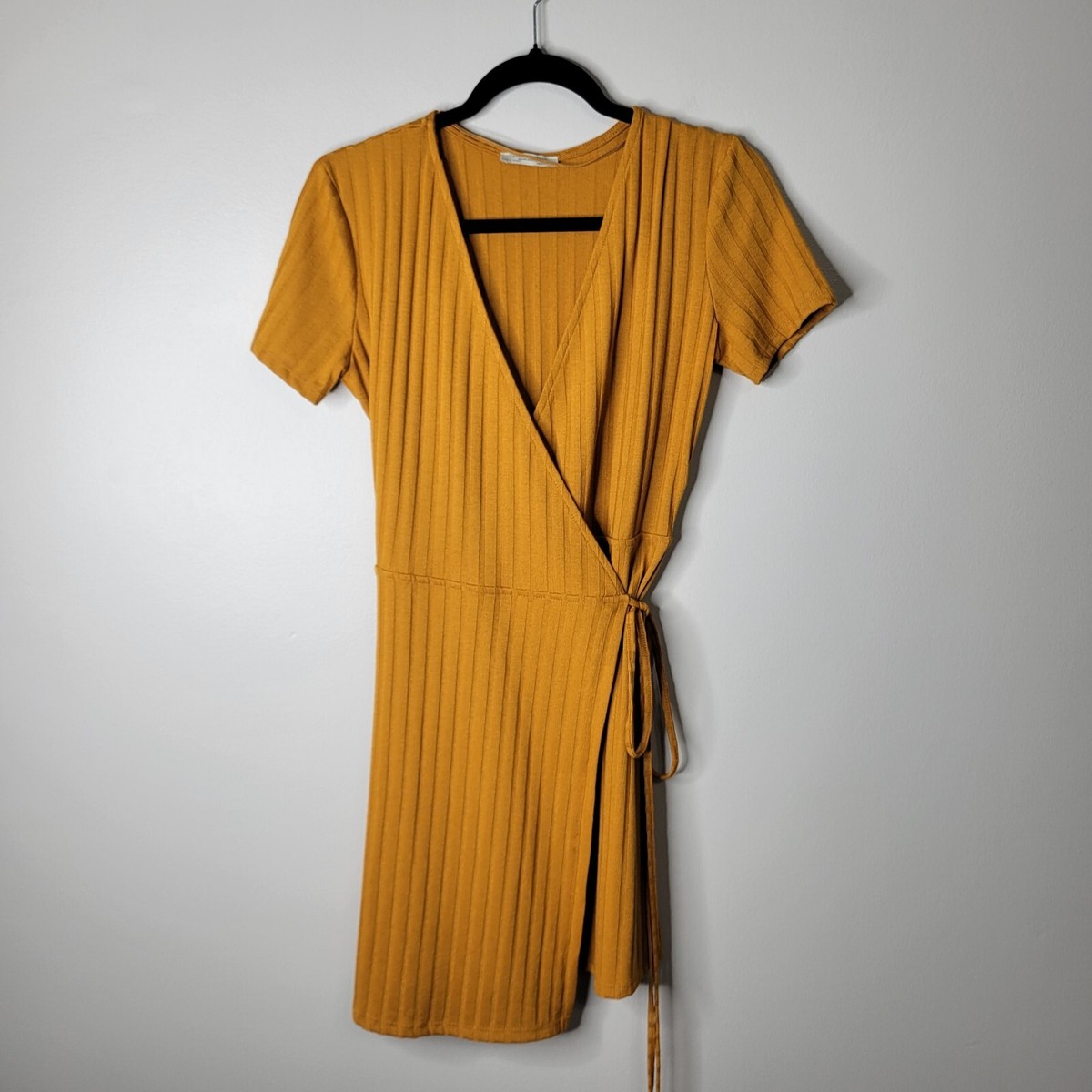 Zara M Golden Mustard Yellow Short Sleeve Ribbed Short Wrap Dress
