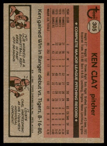 1981 Topps #305 Ken Clay duF52X - Picture 2 of 2