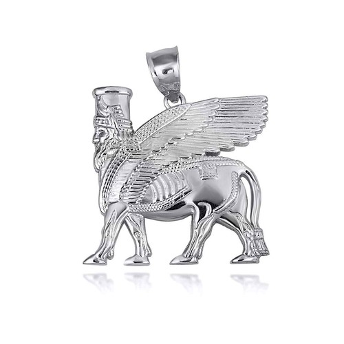Gold Ancient Assyrian God Lamassu Winged Bull Pendant Necklace - Picture 14 of 17