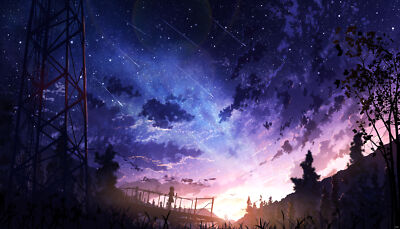 Anime landscape sky stars meteors sunset huashijw girls Playmat Game Mat Desk