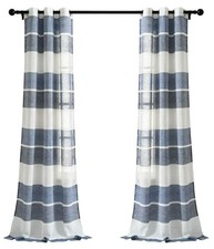 Navy Textured Striped Grommet Sheer Window Curtain Panel Pair 84" x 38"