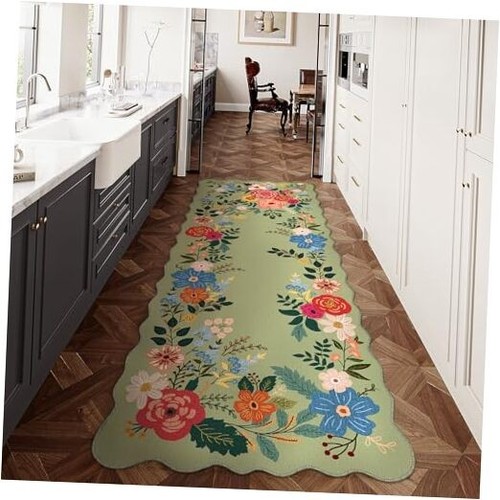 2x6 Washable Green Floral Runner Rug for Kitchen Hallway Non-Slip Low Pile