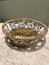 Vintage Wicker Basket Ceramic Chickens Cottage  Corps Decor Storage Farmhouse