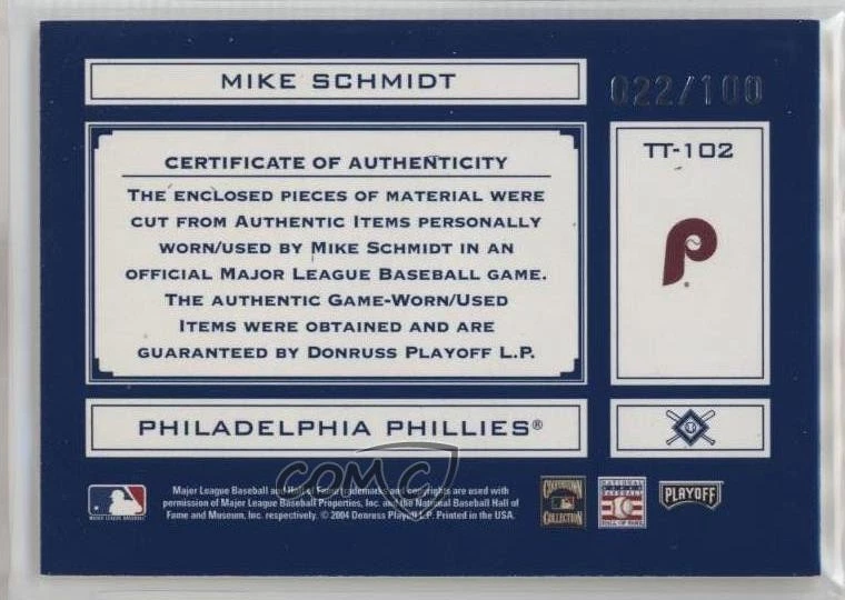 2004 Playoff Absolute Memorabilia Blue Combo Materials /100 Mike Schmidt HOF - Image 2 of 2