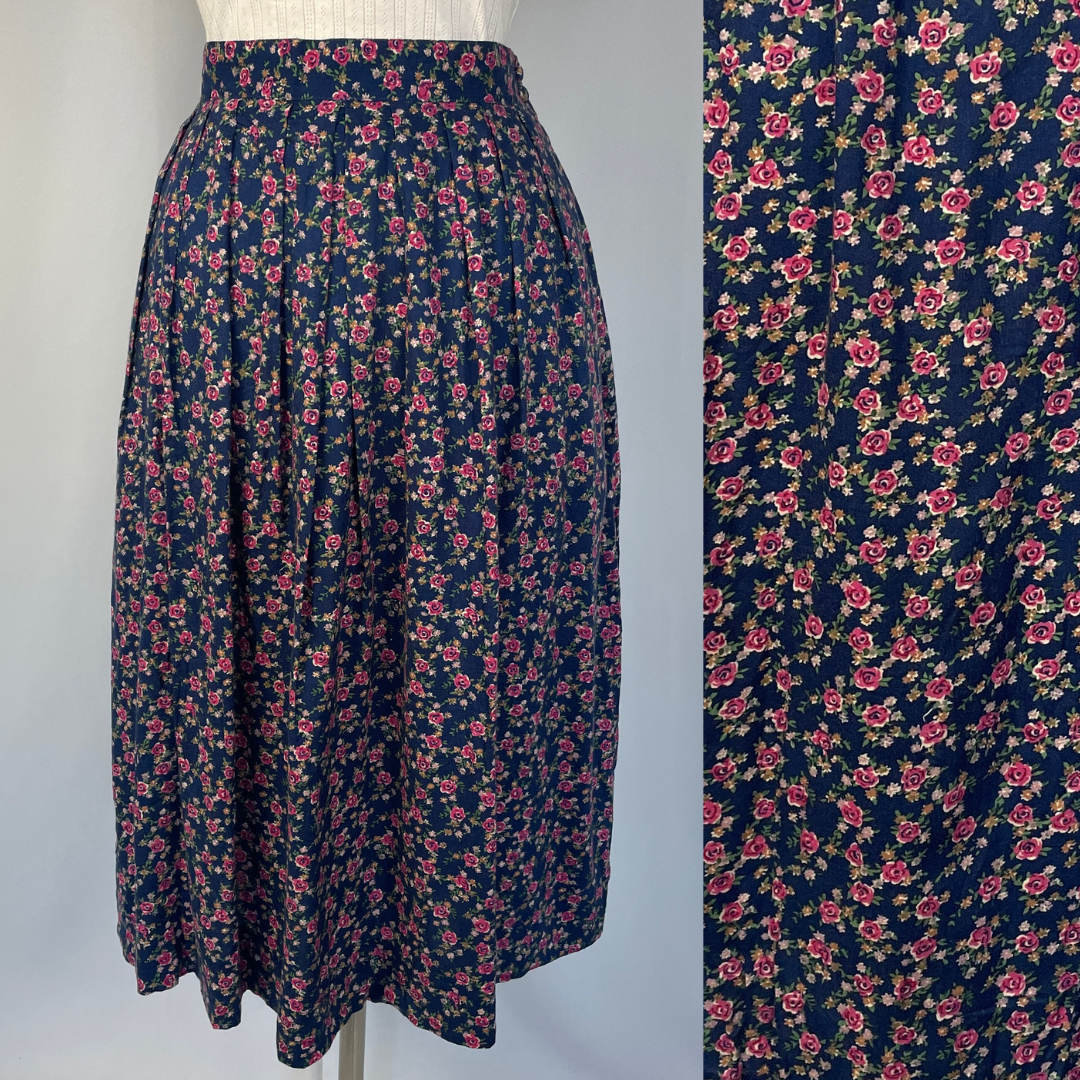 Vintage Midi Skirt Size 10 Navy Blue Pink Ditsy Floral Pleated Cottagecore 90s-image