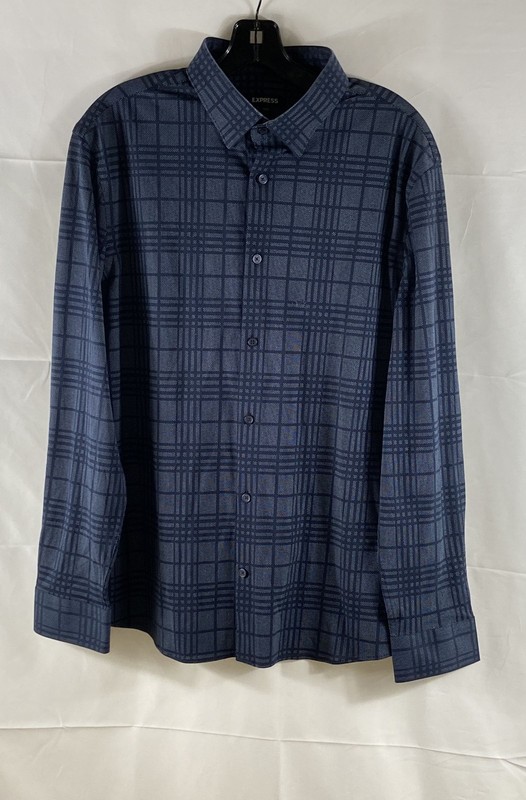 Express Men's Blue Dotted Grid Plaid Long Sleeve Button Down Shirt Sz L NWT