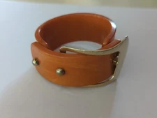 Vtg Carrot Orange Swirl Bakelite Clamper Bracelet With Buckle + Test Simichrome 
