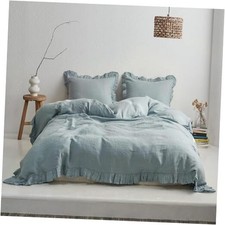 100 Linen Duvet Cover Set, 3 PCS Natural French King 104"X92" Dusty Blue