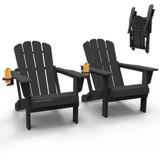 2pcs All-Weather HDPE Folding Adirondack Chair Fire Pit Chair w/Cup Holder,Black
