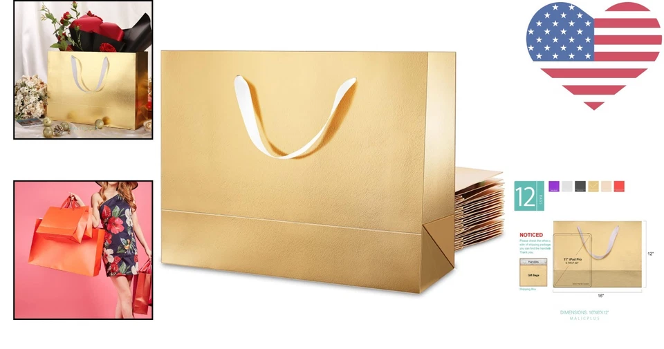 12 bolsas de regalo doradas de lujo extra grandes 16x6x12 pulgadas - perfectas para todas las ocasiones Foto 2 de 4