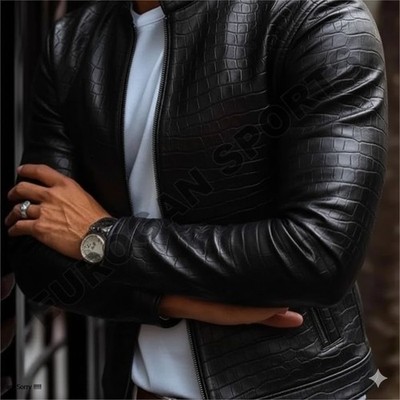 Men's Black Crocodile Leather Pattern Real Jacket Luxury Leather Jacket