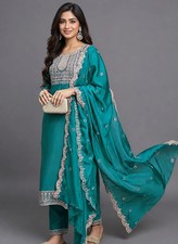 Women Plus Size Cotton Embroiderd Kurta Set, Indian Green Festive Salwar kameez
