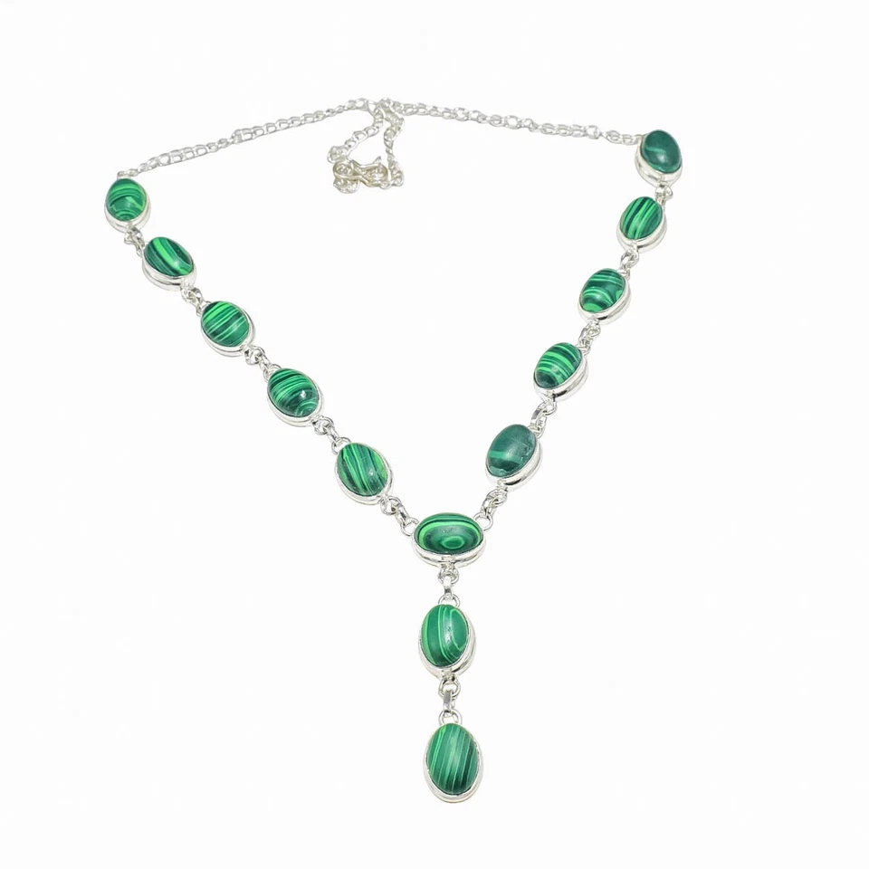 925 Sterling Silver Green Malachite Gemstone Handmade Jewelry Necklace Size-18" - Image 2 of 4