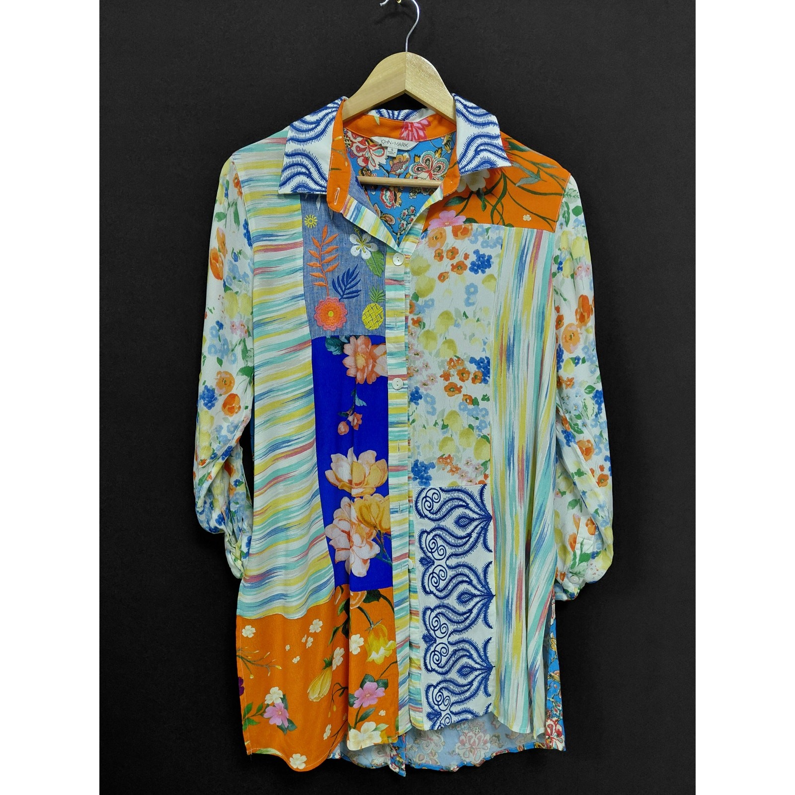 John Mark Multicolor Patchwork Button-Up Shirt 3/… - image 1