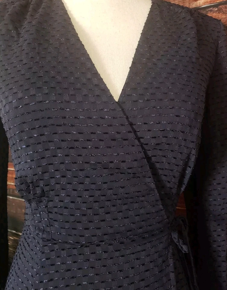 H&M Midi Dress Size 2 Long Sleeve Wrap Tie Textured Sheer Navy Blue Lined V-Neck - Image 3 of 4